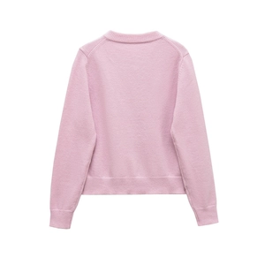 Gilet en laine mélangée rose pour femme avec col rond classique et manches longues dos