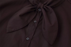 Detail of a dark brown pussy-bow collar with three buttons on a poplin shirt
