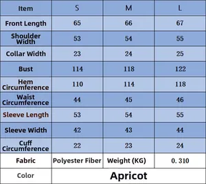 Detailed size chart for women's lace knit sweater in sizes S, M, L with fabric specs