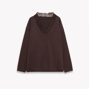 Modern dark brown V-neck top for women with elegant lace trim and knitted texture