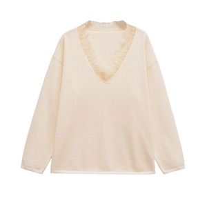 Elegant cream white V-neck lace knit sweater with long sleeves in a minimalist style
