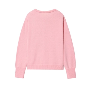 Vista posteriore del cardigan in maglia rosa a maniche lunghe con polsini a coste