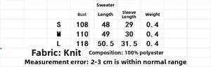 Detaillierte Größentabelle für Damen-Strickoberteil mit Maßen für Brust und Länge