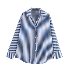 Relaxed blue and white striped long sleeve button-up shirt with a classic lapel collar
