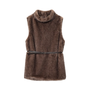 Damen Eleganter Kunstpelz Weste Hoher Kragen Ärmellos Island Samt Weste Mit Gürtel Old Money Stil Einfarbiges Top