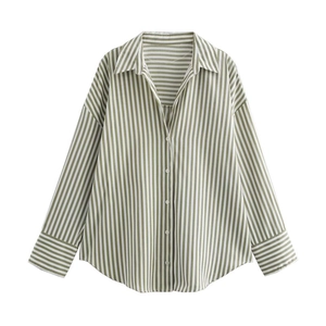 Women's casual striped poplin shirt with long sleeves and classic lapel in green and white