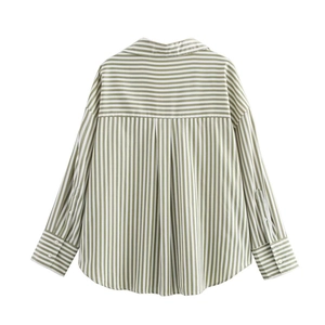 Detail of striped poplin shirt showing horizontal yoke and vertical stripe back design