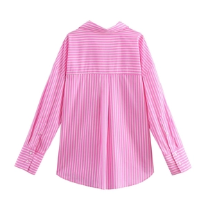 Back view of pink striped poplin shirt with center pleat and button cuffs detail