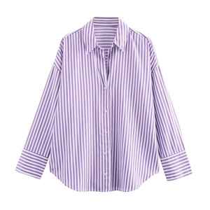 Detailed view of striped poplin shirt featuring purple vertical stripes and curved hem