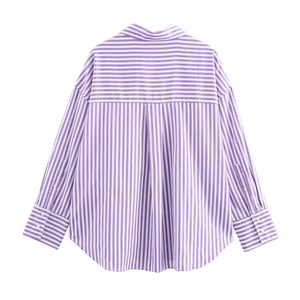 Detail of striped poplin shirt showing horizontal yoke and vertical purple stripes