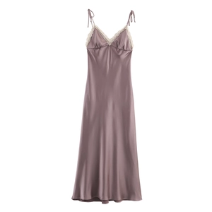 Robe Midi En Satin Avec Bordure En Dentelle Bretelles À Nouer Col En V Élégante Couleur Unie Pour Femmes