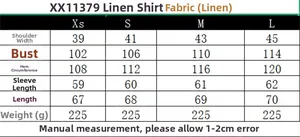 Detailed size chart for linen shirt model XX11379 showing shoulder and bust measurements
