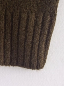Macro detail of dark olive ribbed knit cuff showing soft textured wool fabric