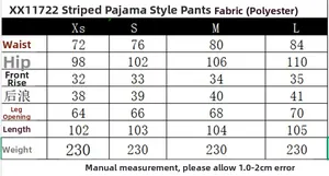 Tabella taglie dettagliata per pantaloni pigiama a righe con misure vita e fianchi