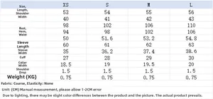Detailed size chart for tweed jacket showing measurements for XS S M and L in centimeters