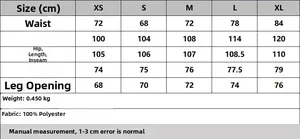 Tabella taglie dettagliata per pantaloni larghi con misure da XS a XL in centimetri