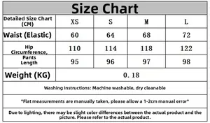 Detailed size chart for ramie plaid harem pants showing waist, hip, and length measurements