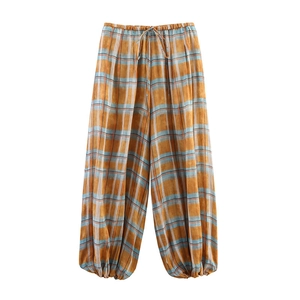 Vintage orange plaid ramie lantern pants with elastic drawstring waist and loose fit