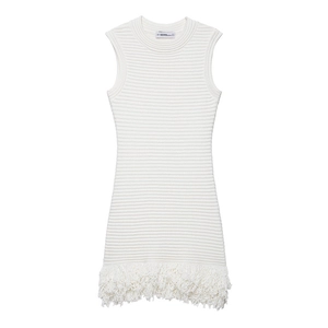 Damen Ärmellos Gerippt Strick Mini Kleid Rundhalsausschnitt Fransen Saum Elegant Einfarbig Weiß Sommer Kurz Kleid