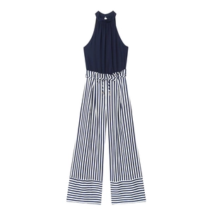 Marineblauer Neckholder-Jumpsuit aus Leinenmix mit gestreiftem weitem Bein und Gürtel