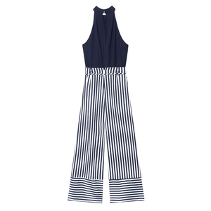 Halterneck-Jumpsuit aus Leinenmischung mit marineblauem Oberteil und Streifenhose