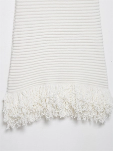 Detail eines weißen Rippstrickkleids mit aufwendigem Fransenlauf und feiner Textur