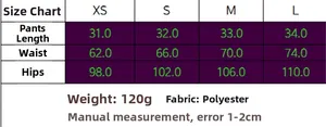 Tabla de tallas para pantalones cortos de satén y encaje, medidas XS-L en cm y tela poliéster