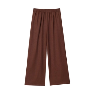 Braune Leinenhose mit weitem Bein und elastischem Bund in flacher Darstellung