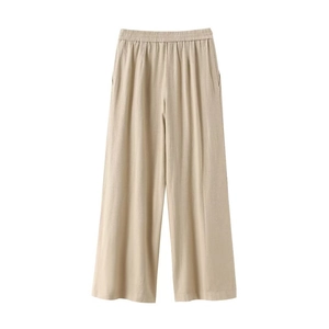 Damen Leinenhose mit weitem Bein in Hellbeige mit Gummizug und Seitentaschen