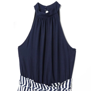 Marineblauer Neckholder-Jumpsuit aus Leinen mit Streifen und Taillenschleife