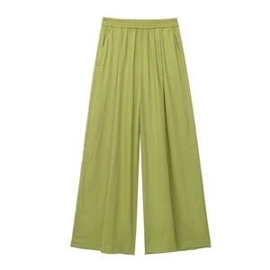 Grüne Leinenhose mit hohem Bund und weitem Bein für Damen mit elastischem Bund und Taschen