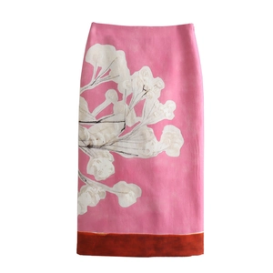 French style linen blend straight skirt in bright pink with white floral patterns