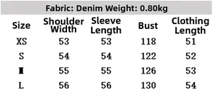 Detailed size chart for women's denim jacket showing chest and shoulder measurements