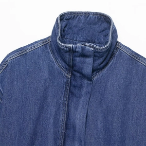 Classic dark blue denim jacket for women featuring a stylish stand collar and premium stitching