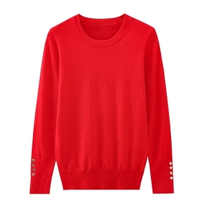 Classic red round neck long sleeve knit sweater featuring decorative gold sleeve buttons