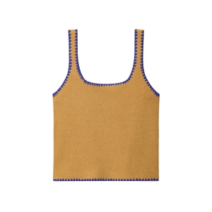 Canotta in maglia giallo senape da donna con ricamo festonato blu a contrasto