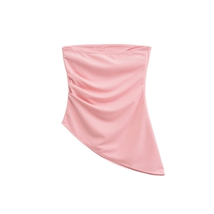 Pink strapless ruched top with an asymmetrical hem and a slim-fit design for women