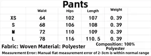 Detaillierte Größentabelle für weite Hosen mit Angaben zu Taille, Hüfte und Beinlänge