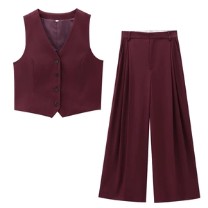 Weinrotes zweiteiliges Herbst-Set mit Weste und Hose mit weitem Bein und hoher Taille