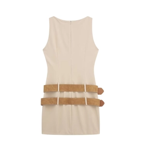 Elegant beige sleeveless French dress with double camel belts and back zipper detail