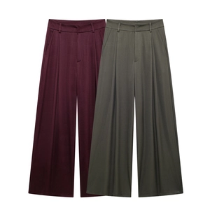 Elegante High-Waist-Hose mit weitem Bein in Weinrot und Olivgrün mit Taillenfalten