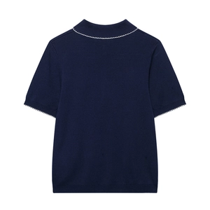 Cardigan en tricot bleu marine à manches courtes pour femmes avec bordure ondulée blanche