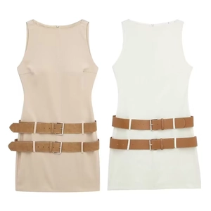 Women Sleeveless Bodycon Mini Dress With Double Belts Metal Buckle Round Neck Summer Streetwear Fashion Short Pencil Dress