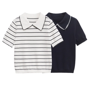 Haut en Tricot à Manches Courtes avec Bord Festonné Col Claudine Décontracté Rayé Couleur Unie Cardigan pour Femme