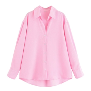 Camicia oversize a righe rosa in misto cotone con maniche lunghe e colletto classico