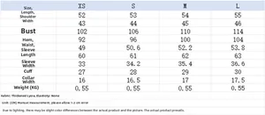 Size chart table for women's autumn short jacket with detailed clothing measurements