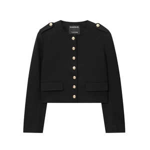 Chic black cropped jacket for women featuring elegant gold embossed buttons and a round neck
