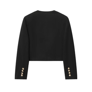 Women's black cropped jacket with structured back seam and gold cuff buttons