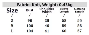 Size chart for knit off-shoulder sweater detailing S, M, L measurements and 0.43kg weight