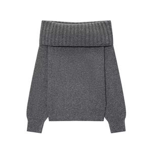 Dark gray off-shoulder knitted sweater with textured folded collar and ribbed trims